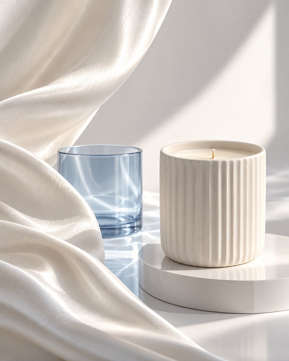 Fluted ivory candle and blue glass in soft light