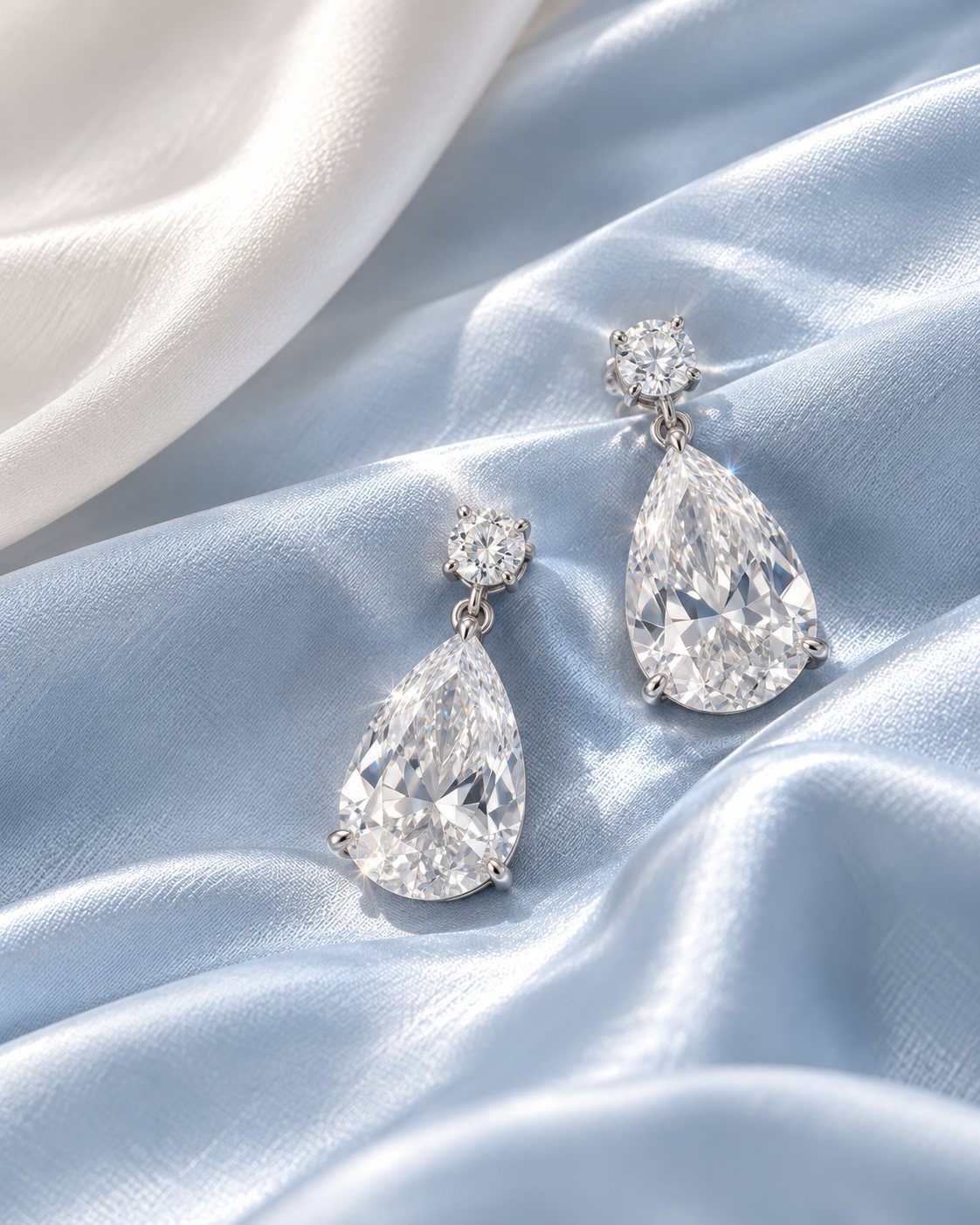 Pear-cut diamond earrings on icy silk