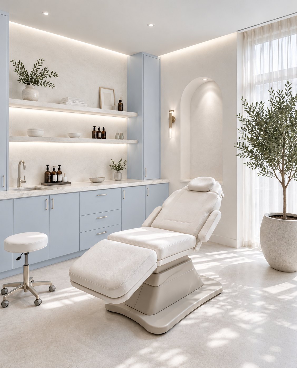 A light aesthetics treatment room with powder-blue cabinets and a white chair