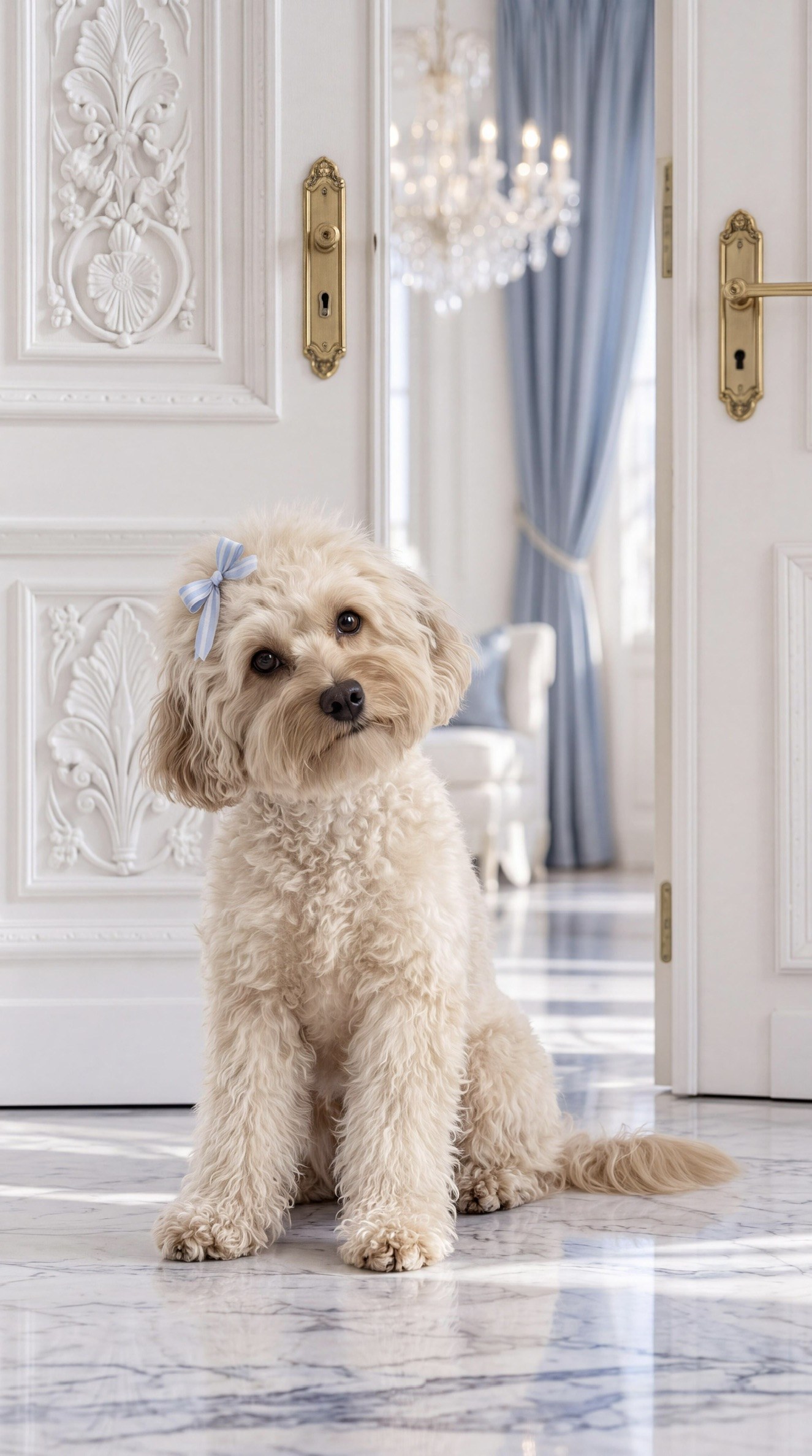Busya, a cream poodle with a striped powder-blue bow, sitting between white panelled doors