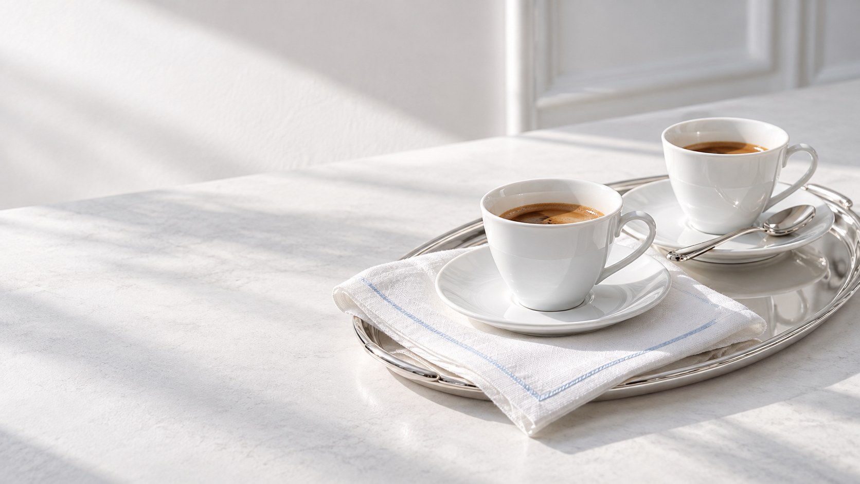 Two cups of espresso on a silver tray with a linen napkin edged in powder blue, morning light on white marble