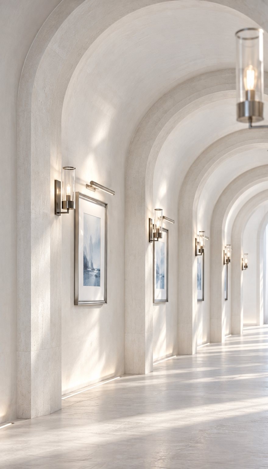 A quiet arched gallery with framed watercolours in soft light