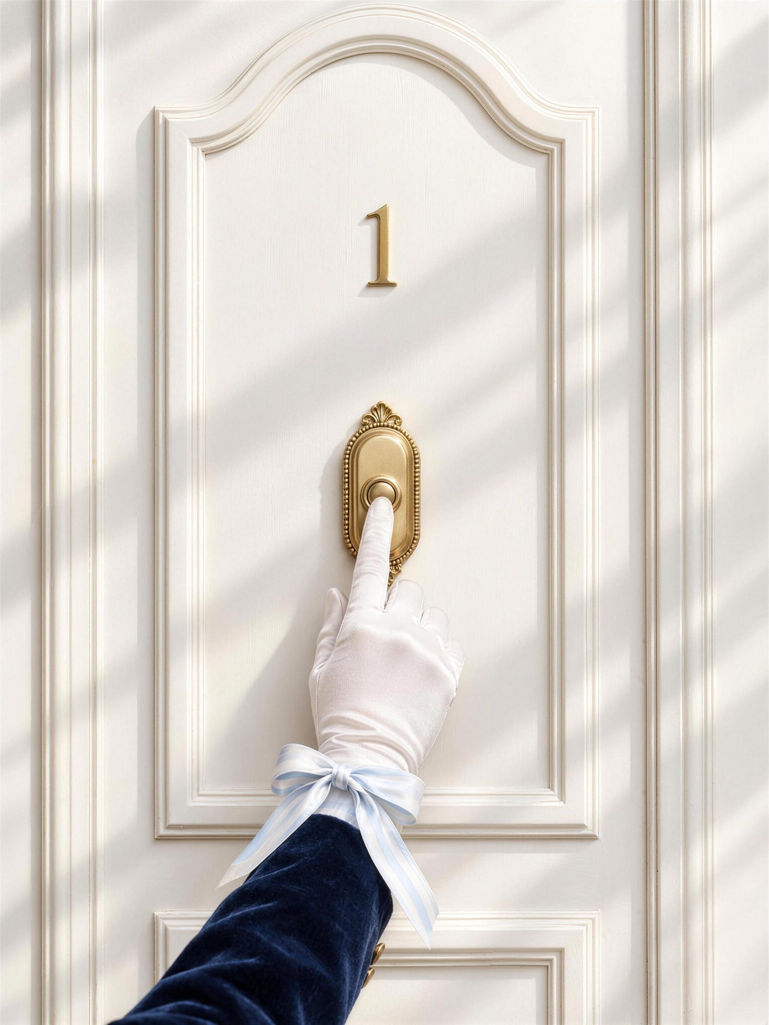 A white-gloved hand with a striped bow ringing a brass doorbell beneath the number 1