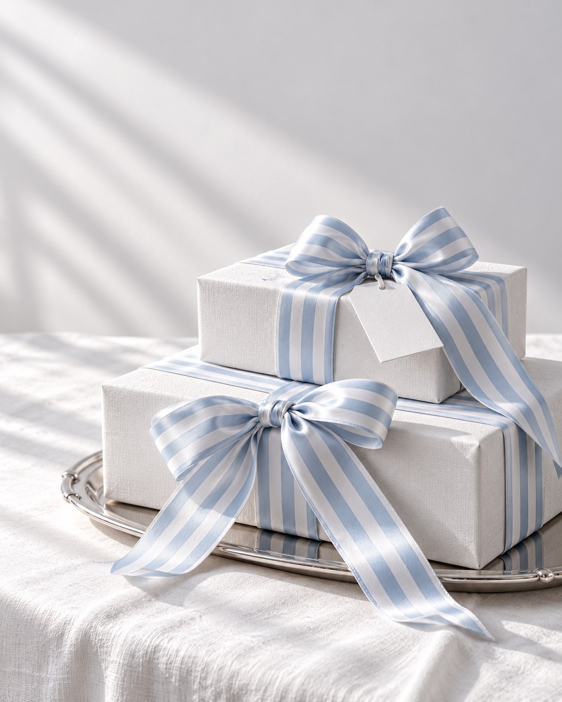Two white gift boxes tied with striped powder-blue ribbons on a silver tray