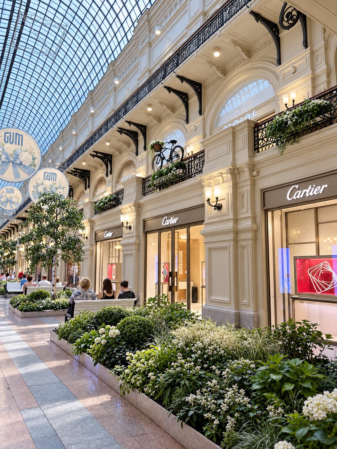 Inside GUM in Moscow, cream arcades under a glass roof