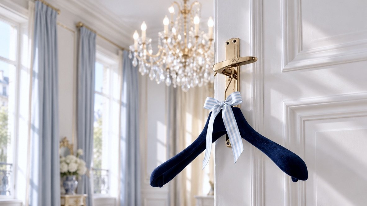 A navy velvet hanger with a striped bow on a gilded door handle beneath a chandelier