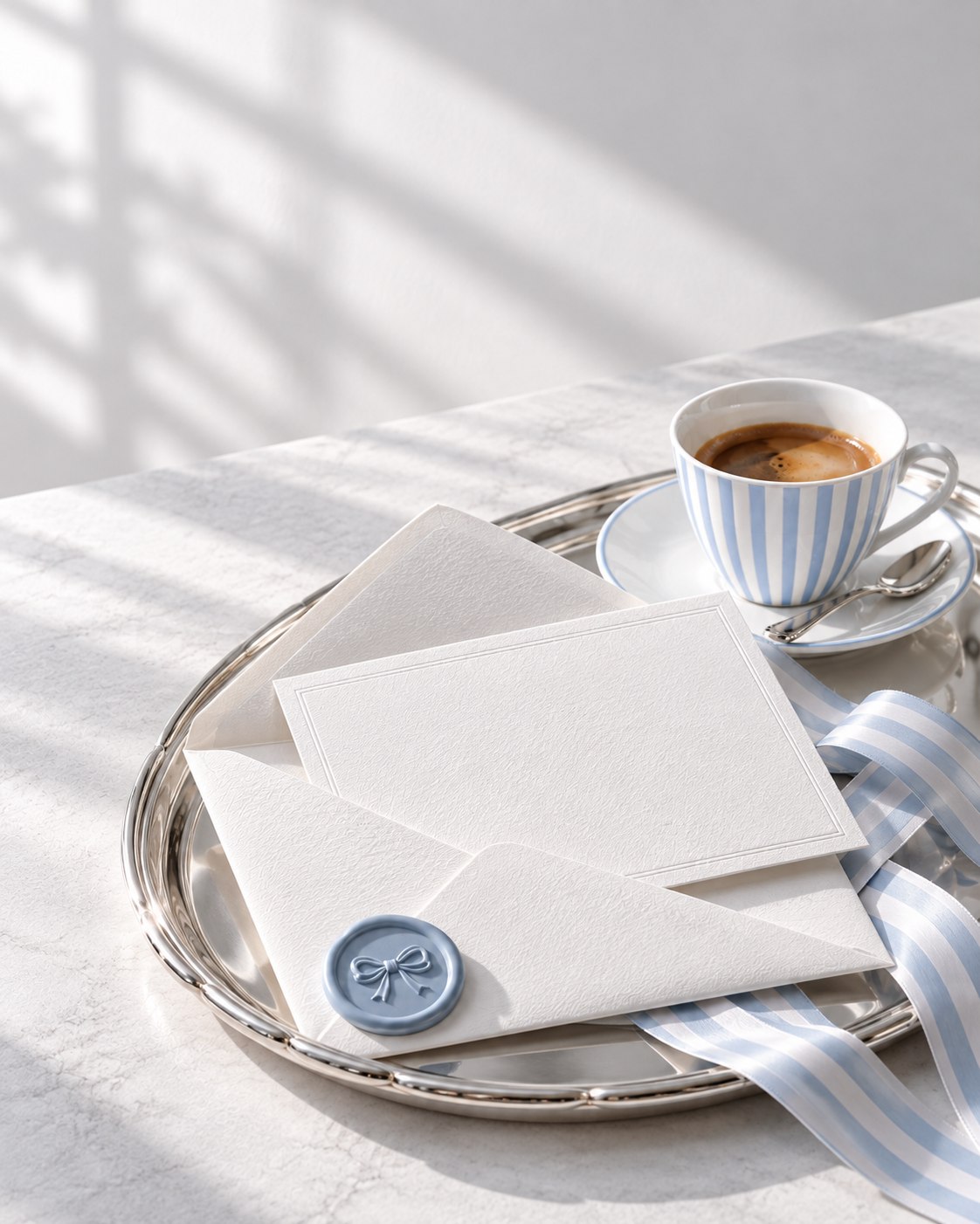 An open envelope with a powder-blue wax seal beside a striped espresso cup on a silver tray
