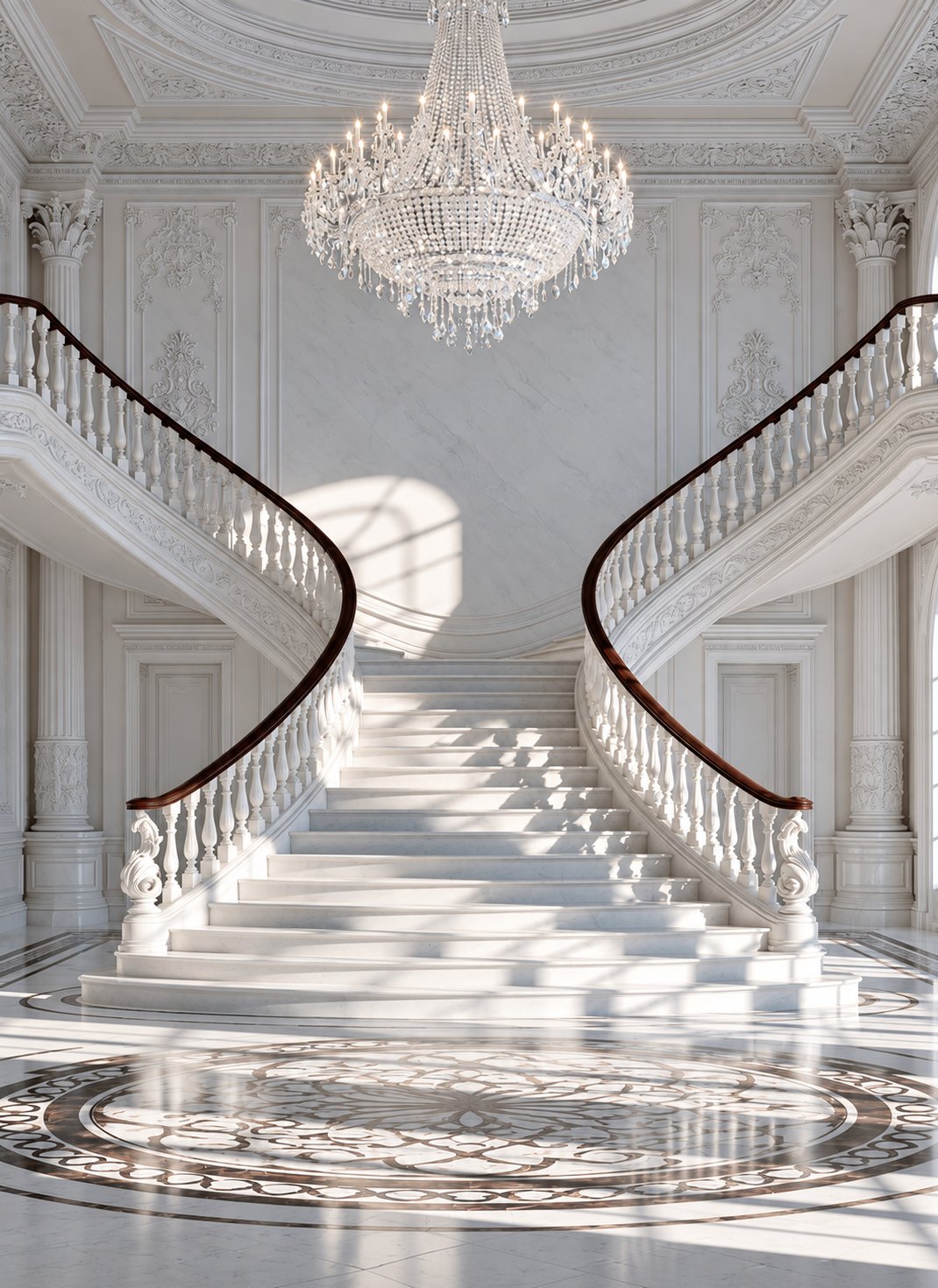 A white marble staircase beneath a crystal chandelier