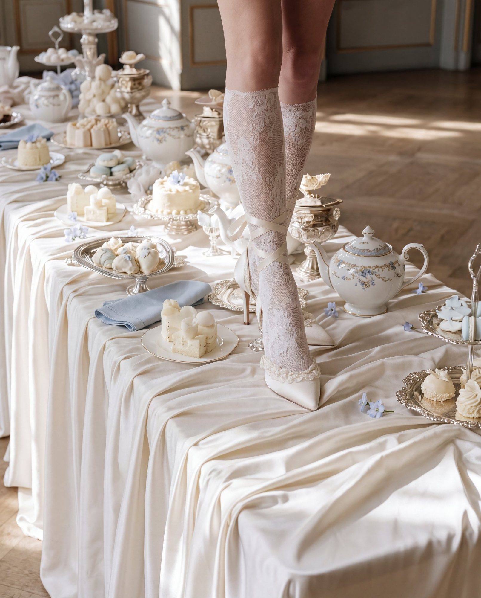 Lace stockings and satin heels on a long tea table set with porcelain