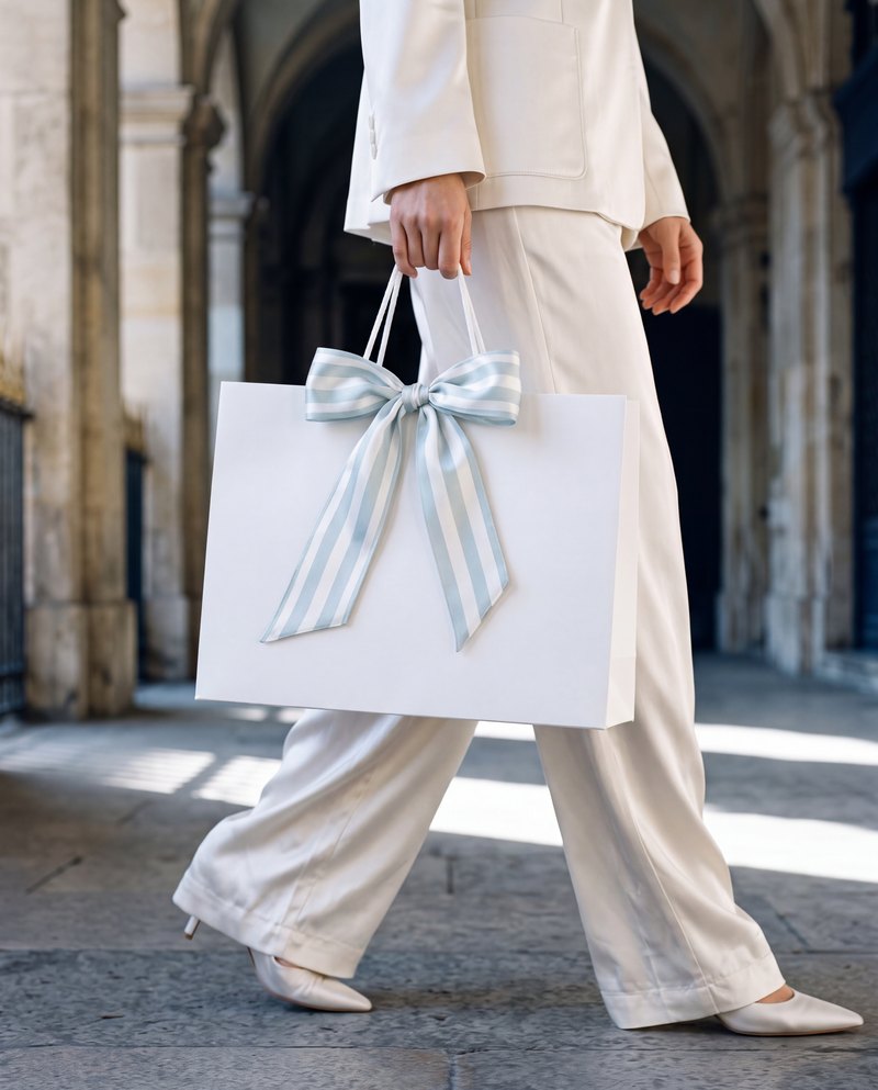 Woman in ivory carrying a white bag with a striped bow