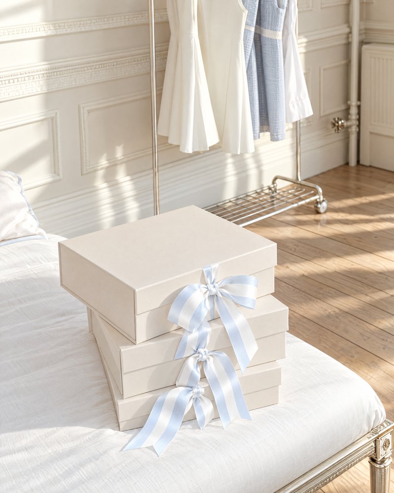 Ivory gift boxes tied with striped ribbons beside a dress rail