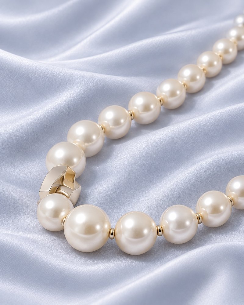 Pearl necklace on powder-blue satin